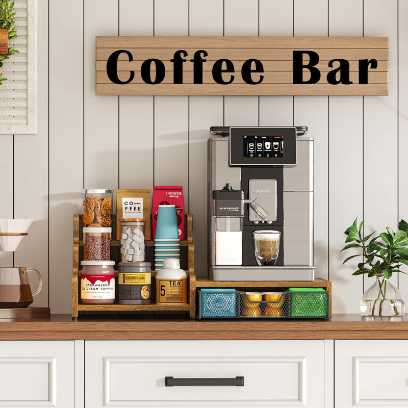 Coffee Station Organizer With K Cup Holder, 28 Pod Capacity,3-Tier Syrup Rack With Coffee Pod Holder Drawer, Coffee Bar Organizer Countertop For Accessories,Rustic Brown