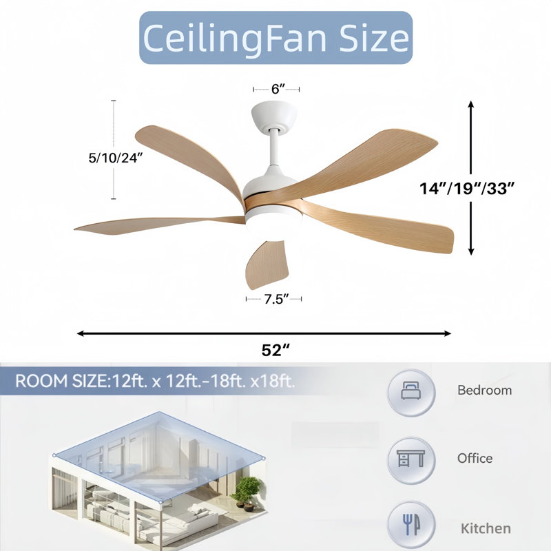 52 Inch Modern Ceiling Fan With 5 ABS Blades,Remote Control,Reversible DC Motor,3 Color Dimmable  Led Light, Light Wood