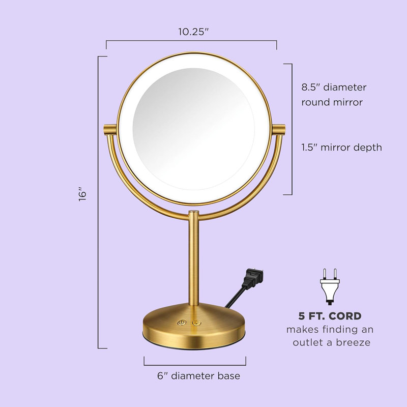 Miroir de maquillage lumineux avec grossissement 1X / 10X double face, 3 réglages de lumière DEL réglables, rotation à 360 °, finition laiton brossé - parfait pour un toilettage précis et une application de maquillage