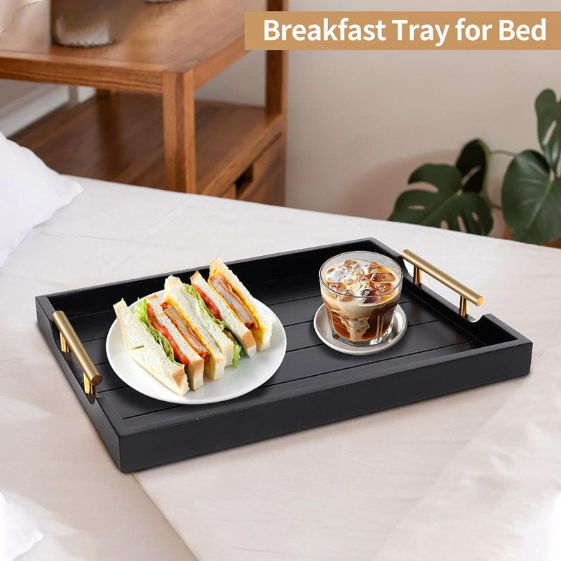 Plateau de service en bois avec poignées, grande table basse et repose-pieds avec 4 sous-verres ronds