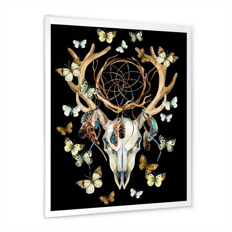 Crâne de cerf avec papillons - reproduction d'art sur toile traditionnelle, H 44 po x l 34 po x P 1,5 po