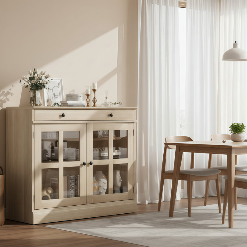 Ce buffet spécifique au salon est doté de portes en verre doubles, de tiroirs et de tablettes réglables, offrant à la fois des fonctionnalités de rangement et de présentation.