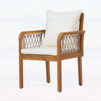 Outdoor Patio Acacia Wood Chairs with Woven Rope Arms and Weather-Resistant Cushions, Set of 2, Teak Finish, Oatmeal Rope, Cream Beige Cushion