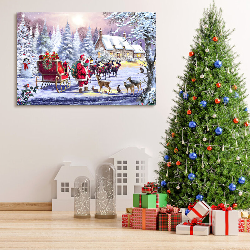 Toile encadrée, décoration de Noël, peinture de père Noël en traîneau avec des animaux mignons, cadeau de Noël, bureau, salle à manger, salon, salle de bain, décoration de chambre à coucher