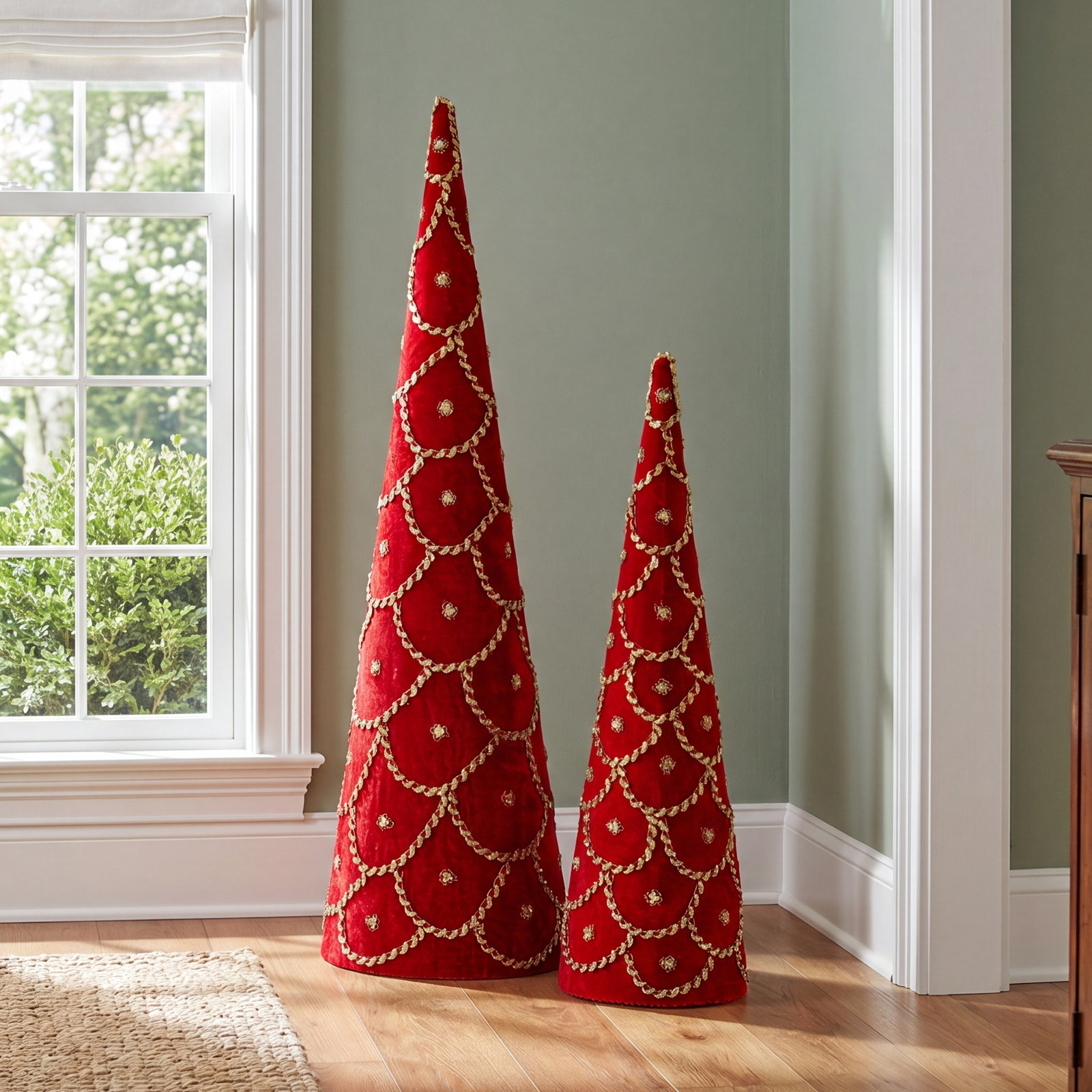 Crimson Christmas Jeweled Velvet Cone Tree, Red