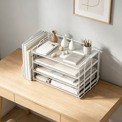 4-Tier Metal Paper Organizer with Magazine Holder, Desktop File Organizer for Office Supplies, Heavy Duty Workspace Storage for A4 Papers, Files, and Accessories