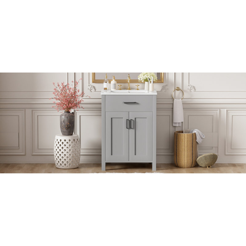 Meuble-lavabo de salle de bain avec lavabo en céramique, dispositif de fermeture en douceur et poignées en alliage d'aluminium pour votre construction de 24 po, beaucoup de rangement, portes