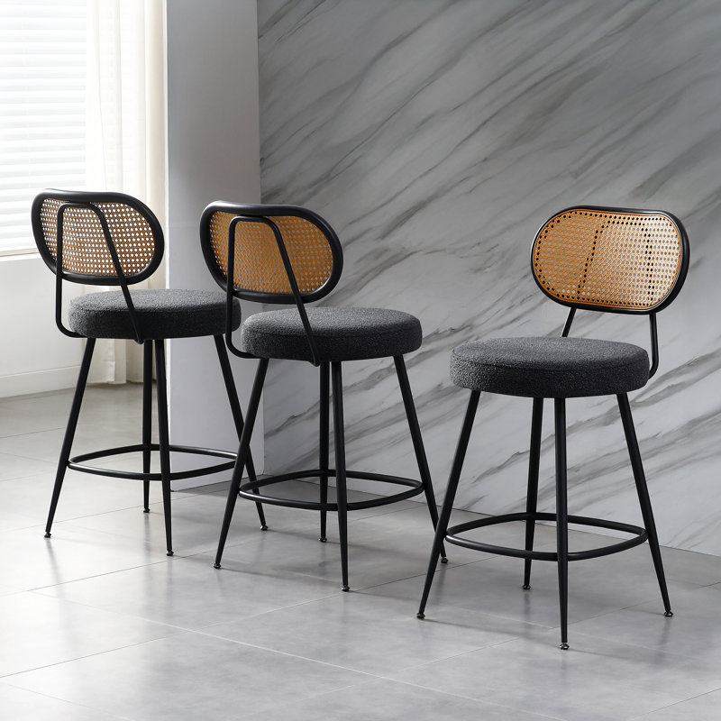 Tabouret de comptoir avec dossier en rotin, Noir, 3