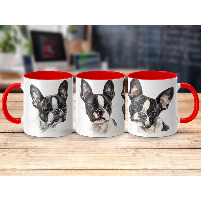 11oz Watercolour Boston Terrier Design Coffee Mug, 2, Red
