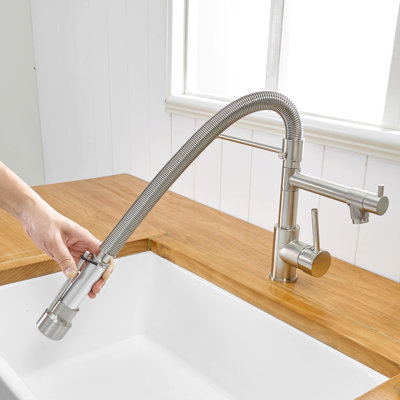 Modern Kitchen Faucet With Brushed Nickel Pull Down - Brass Construction For A Fixture In Brass, 360 Rotatable Spout Versatile Use