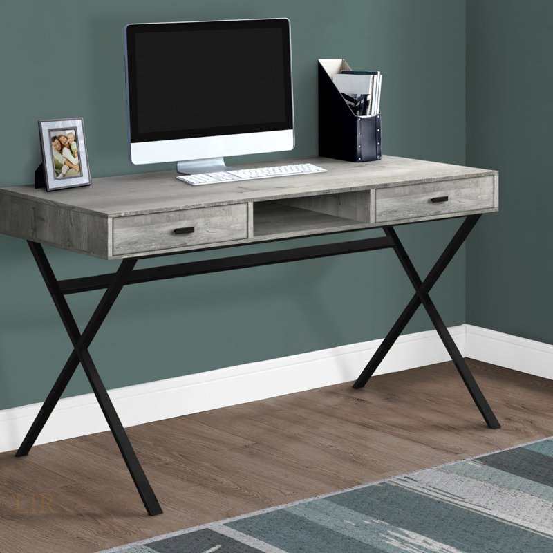 Contemporary Grey Laminate Computer Desk With Storage Drawers And Black Metal Frame For Modern Home Office, Gray
