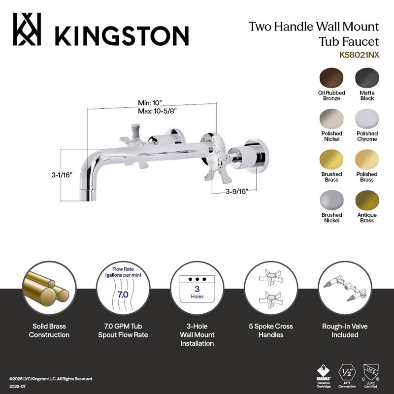Kingston Brass Hamilton Two-Handle 3-Hole Wall Mount Roman Tub Faucet, Oil Rubbed Bronze