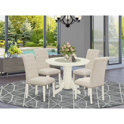 5 Piece Dining Room Table Set Includes a Round Kitchen Table with Pedestal and 4 Light Beige Linen Fabric Parson Dining Chairs, Linen White