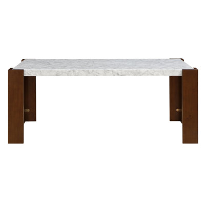 Table de salle à manger avec plateau en pierre d'ingénierie et finition brune avec pieds en bois durables pour un décor moderne