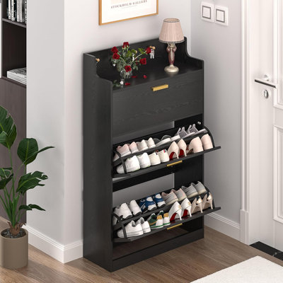 Slim Shoe Cabinet With Flip Drawers And Hooks, Freestanding Hidden Storage Organizer For Entryway And Hallway