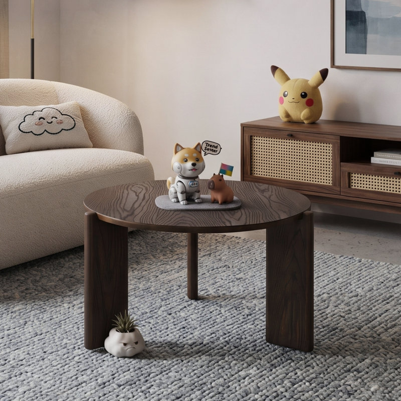 Claremont 30in Round Solid Wood Coffee Table Chunky 3-Leg Mid-Century Modern Circle Tea Table, Expresso