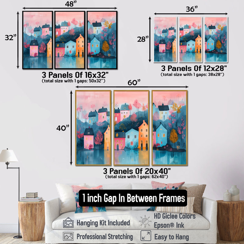Scandinavian Nordic Style Homes In The City II - ensemble d'art mural scandinave, H 40 po x l 60 po x P 1 po