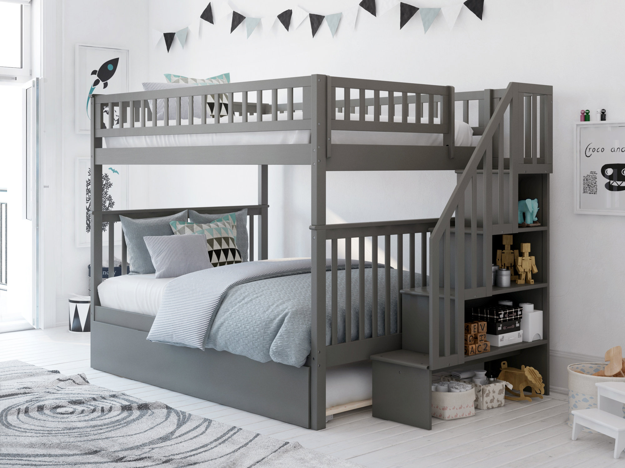 Viv + Rae Nala Kids Staircase Bunk Bed with Trundle Bed & Reviews | Wayfair