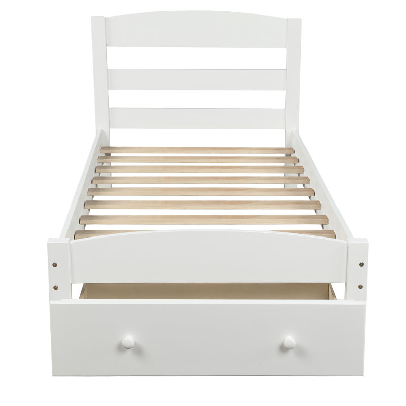 Lit simple avec rangement et lattes en bois massif - blanc, sans sommier