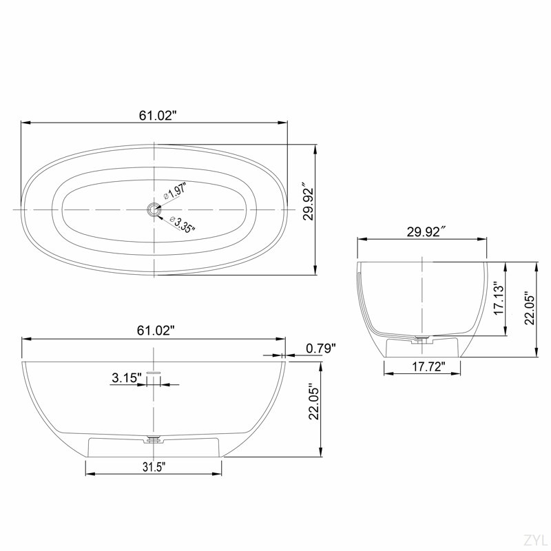 Baignoire de salle de bain autoportante 61 pouces en pierre artificielle à surface solide