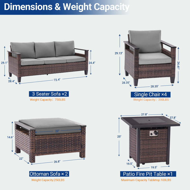 9 Pieces Patio Set with 28'' Fire Pit Table, PE  Rattan Patio Sofa Set With Ottomans and Sturdy Frame, Gray