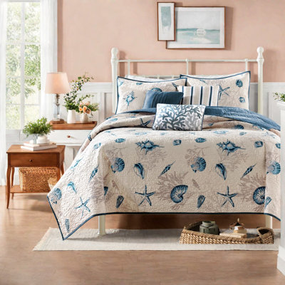Coastal Blue Bedding Sets, Polyester Microfiber, Reversible Design For Home