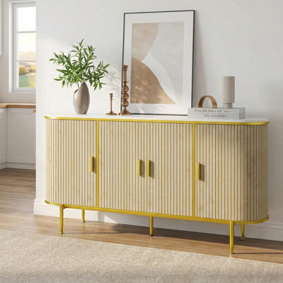 Buffet 50 po moderne avec rangement, console de bar Mid-Century cannelée avec plateau en faux marbre, portes coulissantes à profil courbé pour la cuisine, le salon et le vestibule