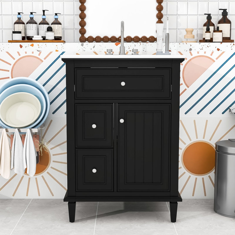 Meuble-lavabo moderne avec lavabo lisse, trop-plein et beaucoup de rangement, Noir