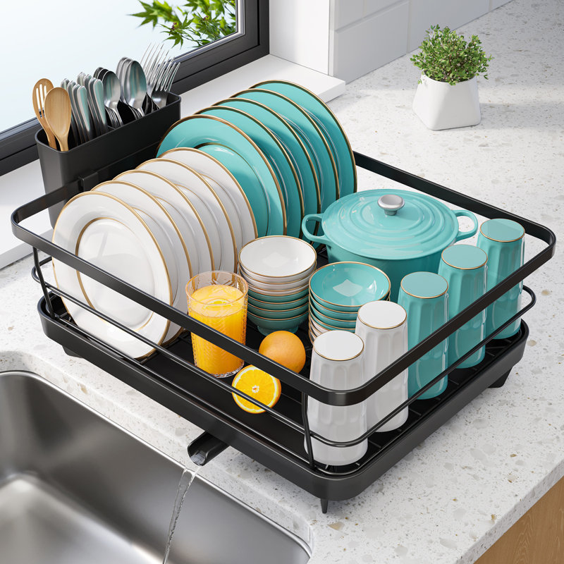 Stainless Steel Dish Drying Rack for Kitchen Counter, Sink Organization and Storage Essentials with Silverware & Utensil Holder, Home and Apartment Decor, 12''W x 15.5''L, Black
