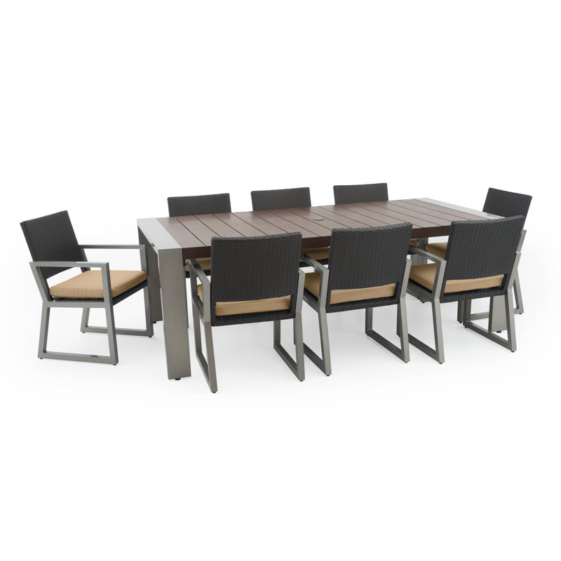 Ensemble de salle à manger de patio rectangulaire en aluminium 9 pièces avec coussins Sunbrella, Toile Sunbrella® beige chiné