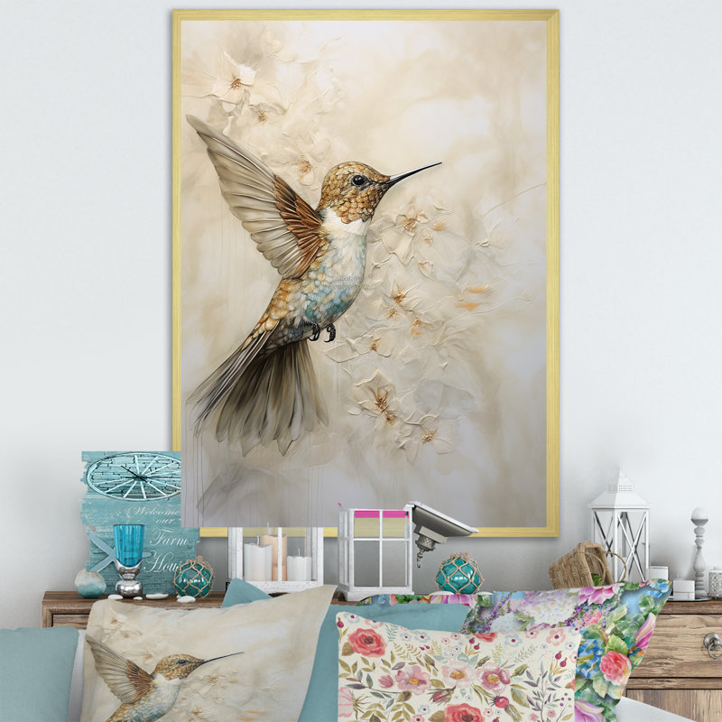 Colibri floral flottant III - Art mural colibri pour le salon, H 44 po x l 34 po x P 1,5 po, Cadre doré simple