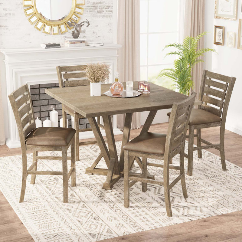 5 pièces, ensemble de table de comptoir carré, table de comptoir carrée en bois massif de style rustique moderne, aspect vieilli