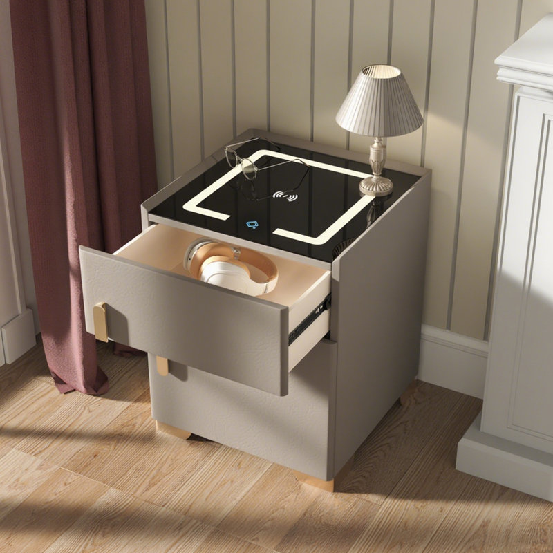 Kendrianna Nightstand with Safe Box and LED Lights and Wireless Charge, Light Brown
