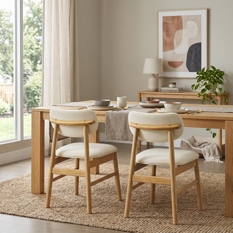 Chenille Fabric Upholstered Dining Chair with Rubberwood Legs, Cream, Oak