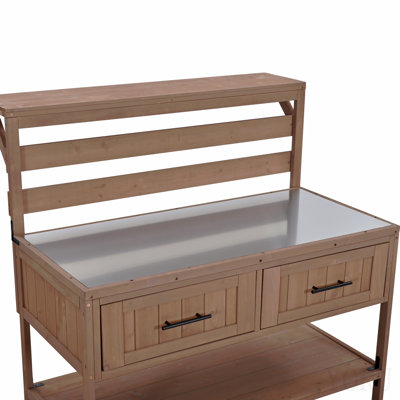 62.3'' Patio Kitchen Island Solid Wood Kitchen Cart With Stainless Table Top, Garden Potting Bench With Raised Shelf And Drawers, Grill Prep Table For Bbq, Party, Brown
