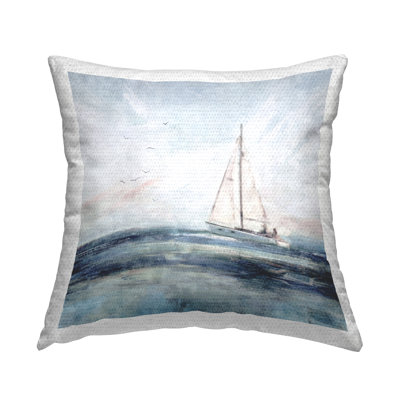 Tranquil Ocean Scene Distant Floating Sailboat Outdoor Printed Pillow by Nina Blue
