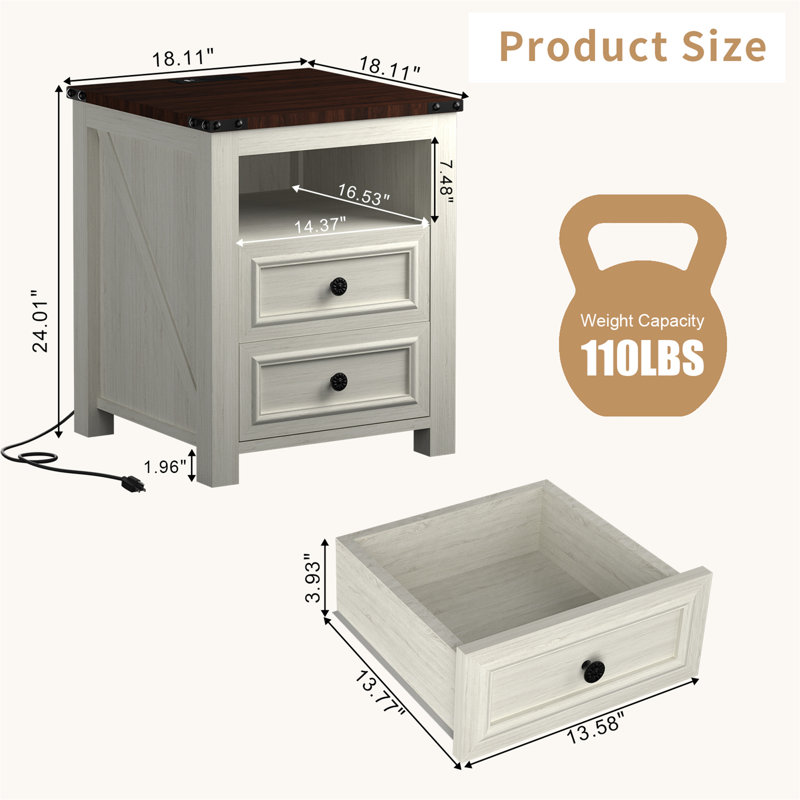 Nightstands With Charging Station, Rustic 18 Inch Bedside Table With 2 Storage Drawers And Open Shelf, White, Individual
