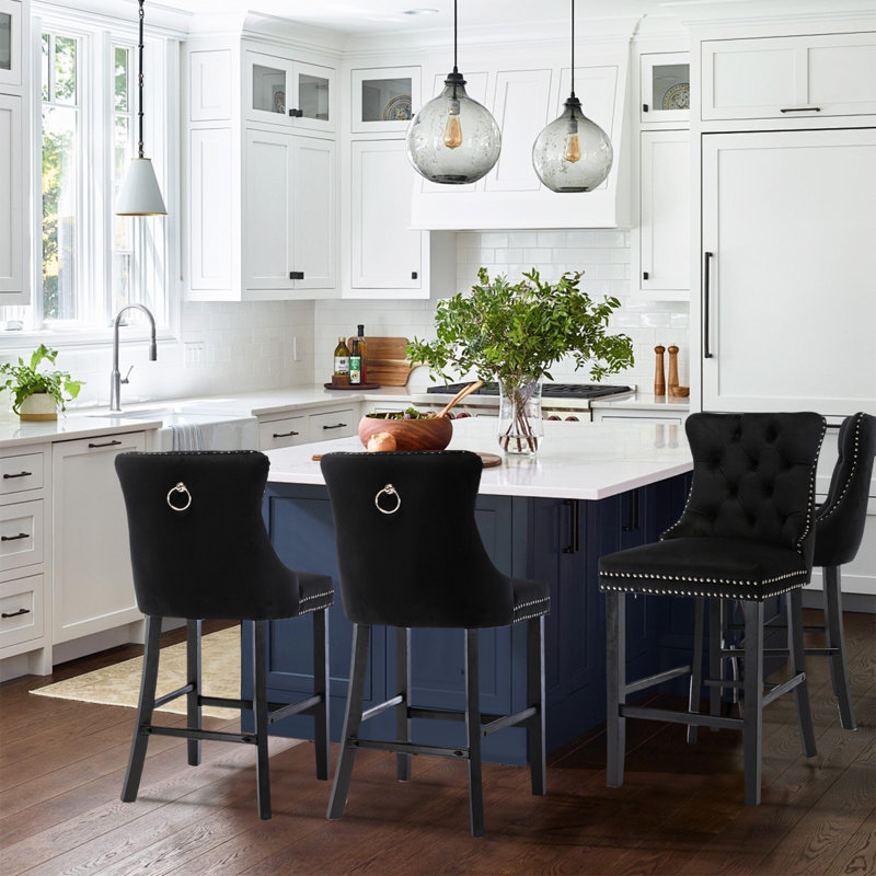 Black Velvet Upholstered Bar Stools with Wood Legs, Set of 4