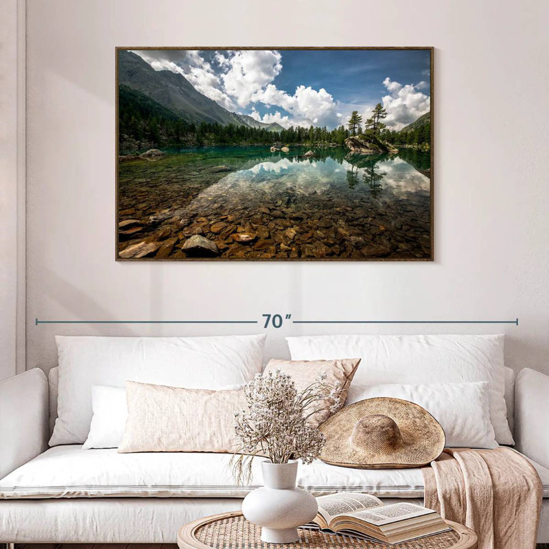 Paysage de lac tranquille, 46 po x 31 po, Cadre flottant en noyer