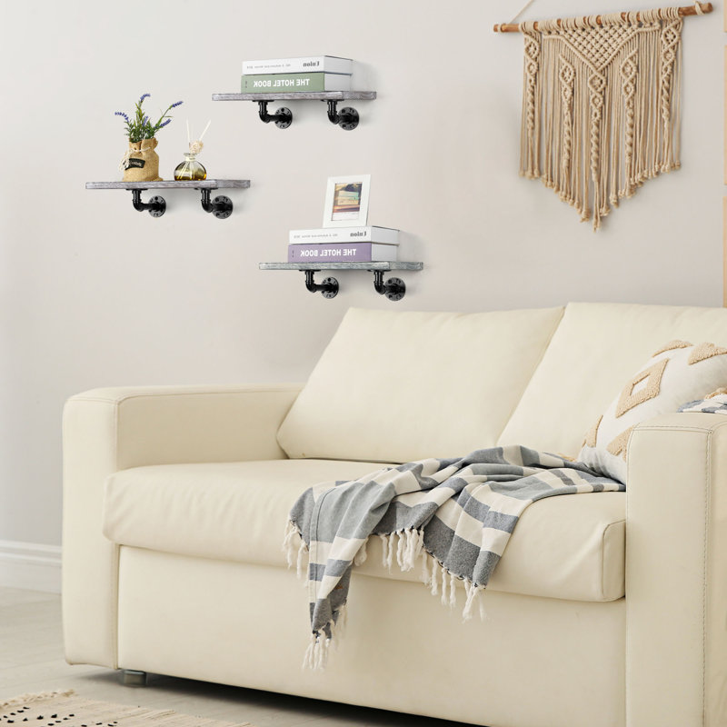 Tablettes flottantes avec tuyaux industriels, étagères de rangement murales en bois, ensemble de 3, blanc cassé, Carbonisé