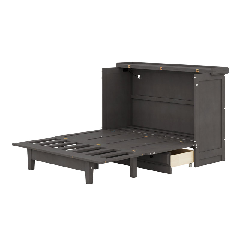 Armoire-lit en bois style campagnard avec station de charge et grand tiroir de rangement, Double, Gris