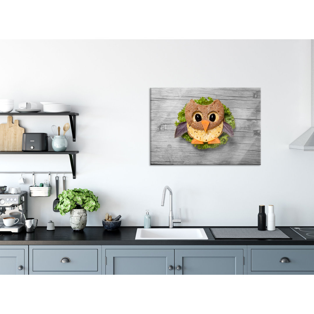 Wandbild auf Echtglas "This funny owl sandwich" inkl. Aufhängung Und Abstandshalter