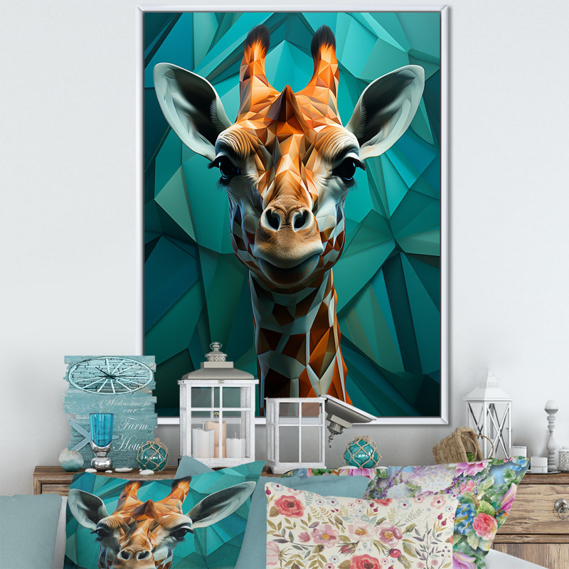 «Green Giraffe Cubist Grace», reproduction sur toile, Cadre flottant blanc, H 32 po x l 24 po x P 1 po