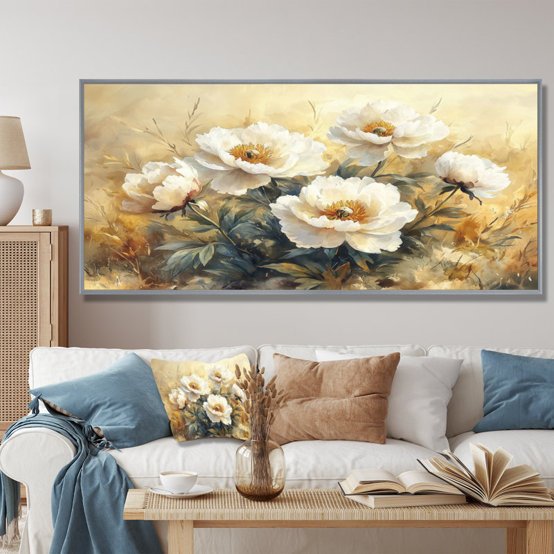 Draiden pivoines dans la prairie de montagne I - pivoines, art mural, Argent argent, H 28 po x l 60 po