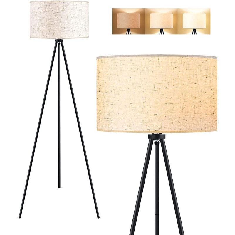 Modern Tripod Floor Lamp Flaxen Lamp Shade Standing Lamp with 3 Color Temperature Light Bulb