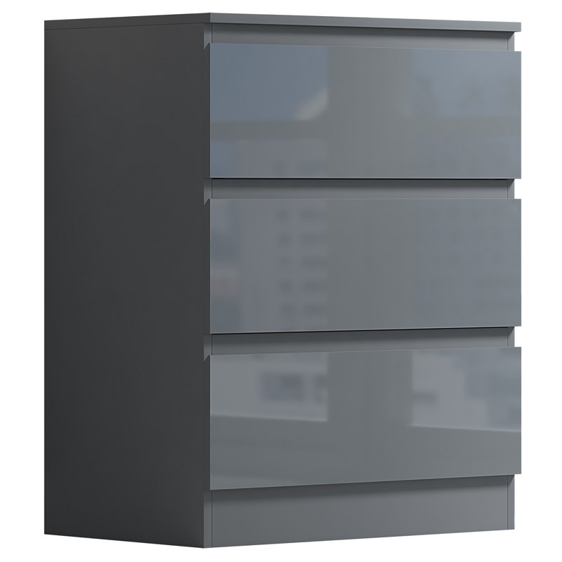 Stora 3 Drawer Chest Of Drawers: 60cm Wide. High Gloss Front. Scratch Resistant. Modern No Handle Design., Grey Gloss