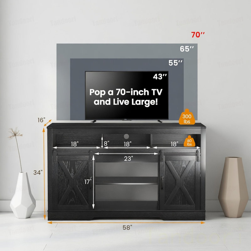 Meuble télé noir pour ferme 65 po avec portes de grange coulissantes et rangement