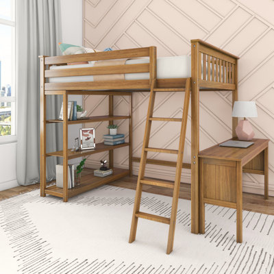 Full-Size High Loft Bed With Bookcase And Desk by Harriet Bee