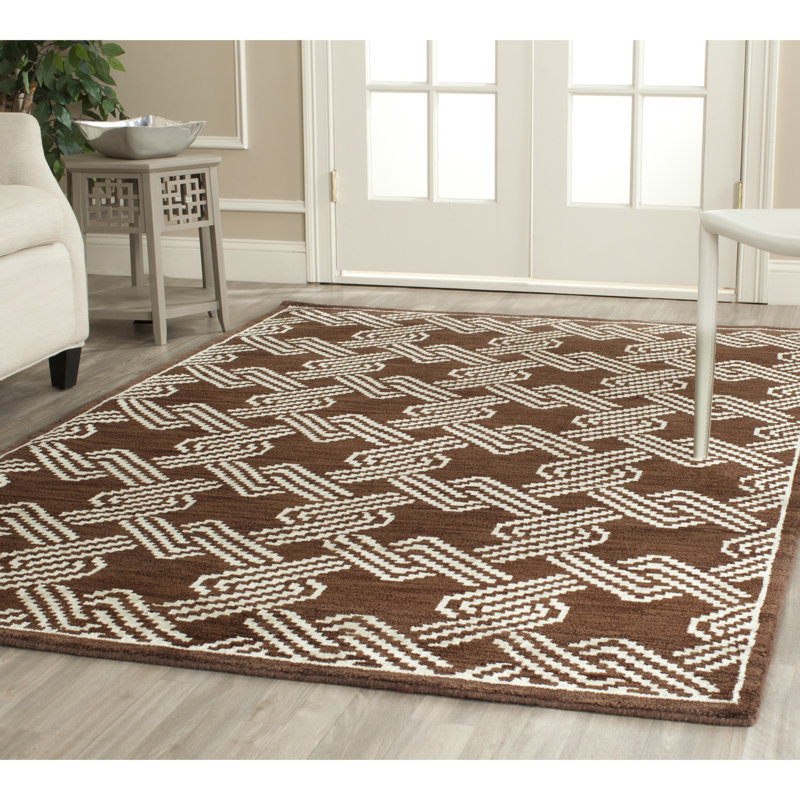 Mosaic Brown and Creme Hand-Knotted Wool Viscose Rug 4' x 6'