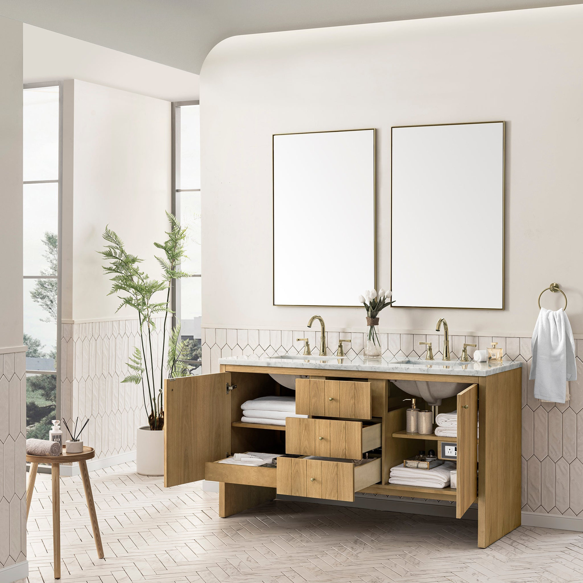 Hudson 60'' Double Bathroom Vanity, Arctic Fall Solid Surface, 8" Widespread, Light Natural Oak
